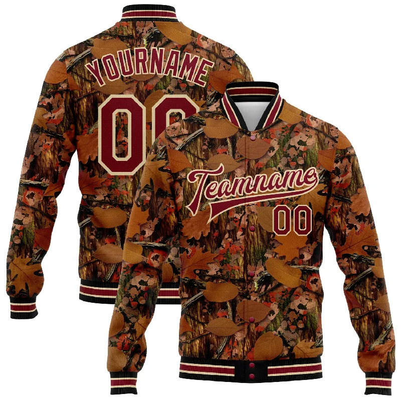 Urban Unisex Fashion Outfits Refined Fashion Sale Custom Camo Crimson City Cream-Black Realistic Forest Camouflage 3D Bomber Full-Snap Varsity Letterman Salute To Service Jacket