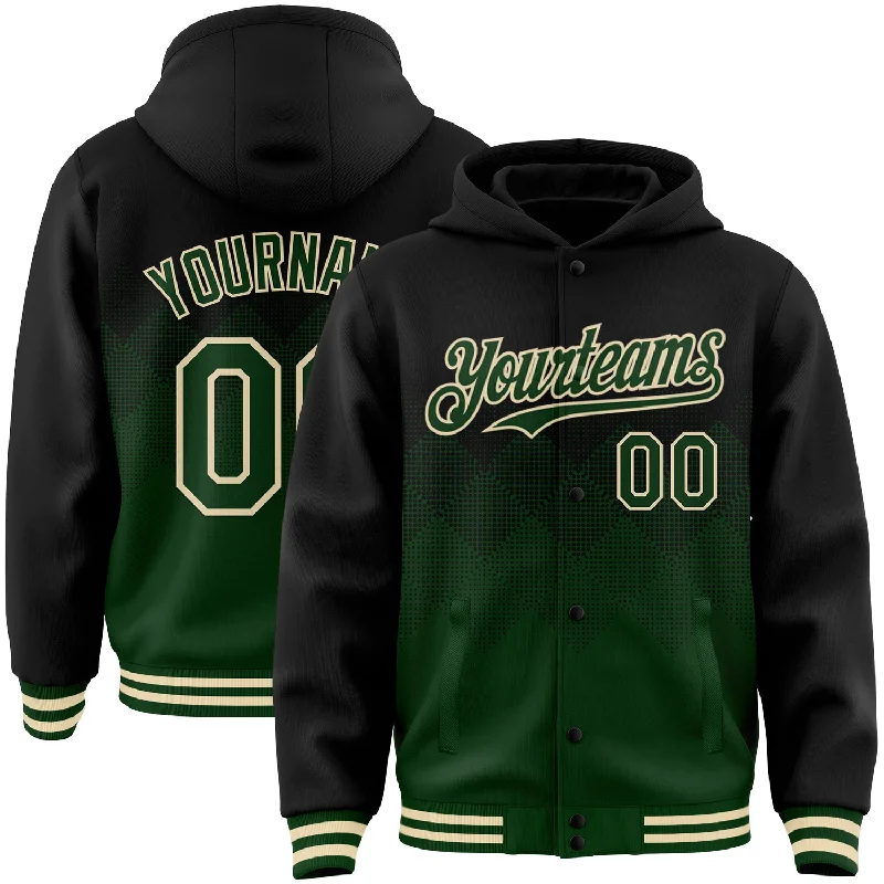 Versatile And Stylish Unisex Apparel Explore What'S New Custom Black Green-Cream Gradient Square Shape 3D Pattern Design Bomber Full-Snap Varsity Letterman Hoodie Jacket