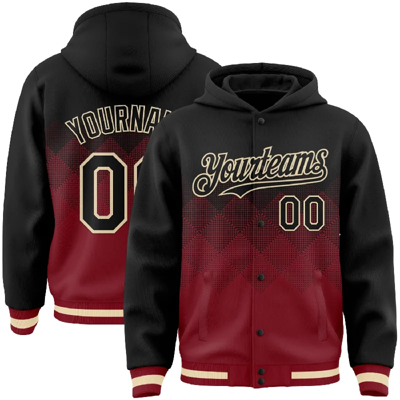 Effortless And Modern Unisex Dressing Budget Saver Custom Black Maroon-Cream Gradient Square Shape 3D Pattern Design Bomber Full-Snap Varsity Letterman Hoodie Jacket