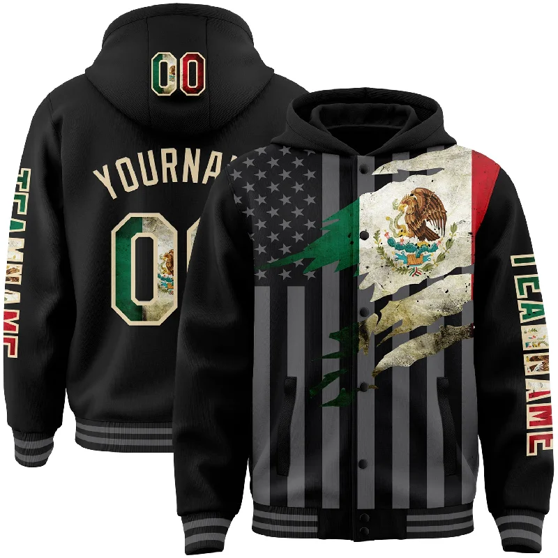 Effortless And Modern Unisex Dressing Trendy Styles Custom Black Vintage Mexican Flag Cream-Gray Mexico 3D Bomber Full-Snap Varsity Letterman Hoodie Jacket