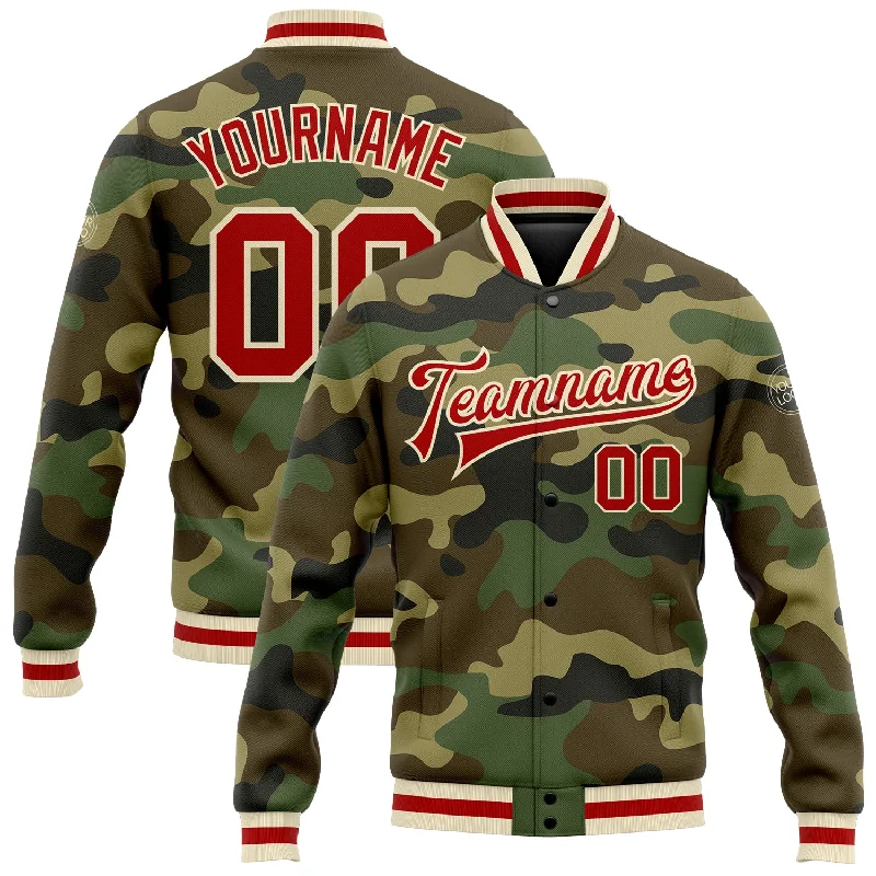 Comfortable Gender-Free Fashion Choices Summer Fashion Custom Camo Red-Cream Bomber Full-Snap Varsity Letterman Salute To Service Jacket
