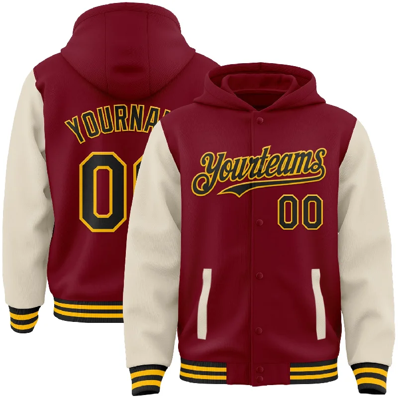 Fashion-Forward Gender-Neutral Outerwear Holiday Attire Sale Custom Crimson Black Cream-Gold Bomber Full-Snap Varsity Letterman Two Tone Hoodie Jacket Fashion-Forward Gender-Neutral Outerwear Holiday Attire Sale Custom Crimson Black Cream-Gold Bomber Full-Snap Varsity Letterman Two Tone Hoodie Jacket