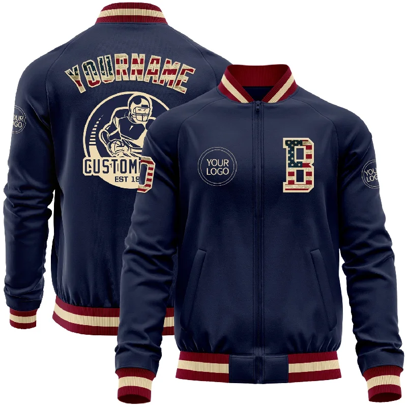 Elegant And Minimal Gender-Free Clothing Top Brand Discounts Custom Navy Vintage USA Flag Cream-Maroon Bomber Varsity Letterman Zipper Jacket