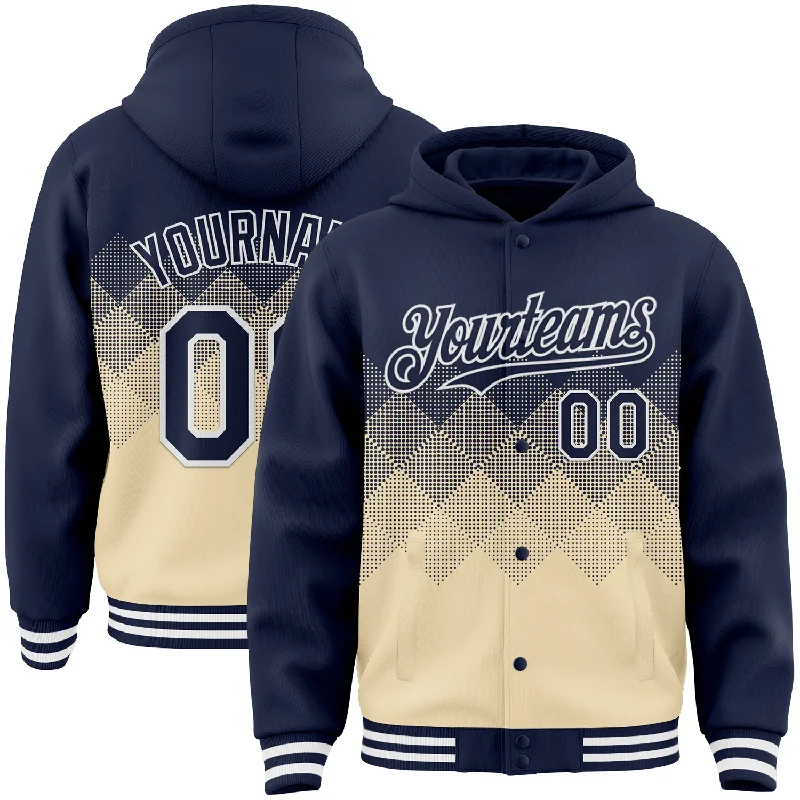 Effortless And Modern Unisex Dressing Romantic Fashion Discounts Custom Navy Cream-White Gradient Square Shape 3D Pattern Design Bomber Full-Snap Varsity Letterman Hoodie Jacket