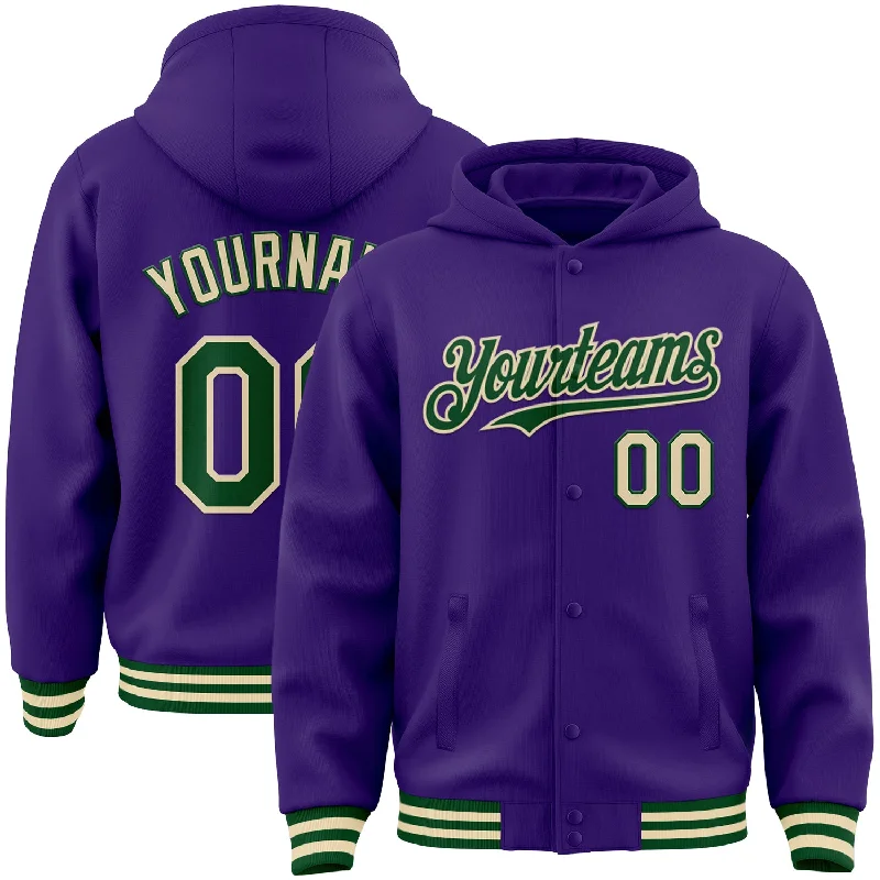 Relaxed-Fit Unisex Clothing Options Popular Collection Custom Purple Green-Cream Bomber Full-Snap Varsity Letterman Hoodie Jacket