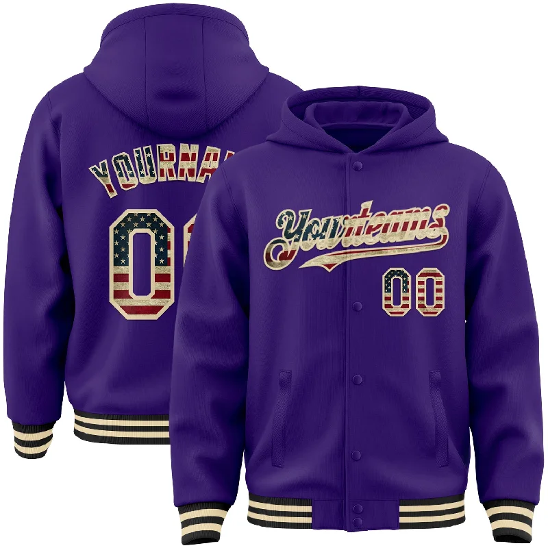 Sustainable Gender-Neutral Apparel Laid-Back Fashion Offers Custom Purple Vintage USA Flag Cream-Black Bomber Full-Snap Varsity Letterman Hoodie Jacket