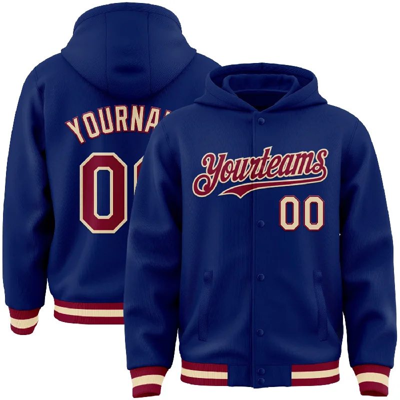 Comfortable Unisex Streetwear Trend Forward Threads Custom Royal Maroon-Cream Bomber Full-Snap Varsity Letterman Hoodie Jacket