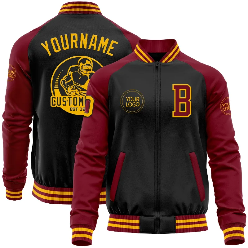 Modern Unisex Streetwear Outfits Unleash Your Trendy Side Custom Black Gold-Crimson Bomber Varsity Letterman Two Tone Zipper Jacket