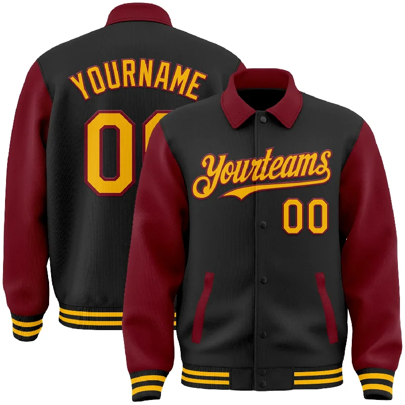 Lightweight And Breathable Unisex Wear Easy Elegance Sales Custom Black Gold-Crimson Bomber Full-Snap Varsity Letterman Two Tone Lapel Collar Byron Jacket Lightweight And Breathable Unisex Wear Easy Elegance Sales Custom Black Gold-Crimson Bomber Full-Snap Varsity Letterman Two Tone Lapel Collar Byron Jacket