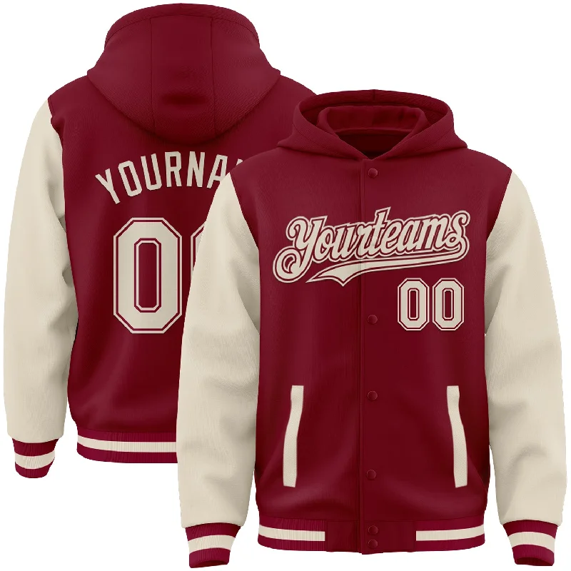 Chic And Casual Unisex Fashion Trends Top Deals Custom Crimson Cream Bomber Full-Snap Varsity Letterman Two Tone Hoodie Jacket Chic And Casual Unisex Fashion Trends Top Deals Custom Crimson Cream Bomber Full-Snap Varsity Letterman Two Tone Hoodie Jacket