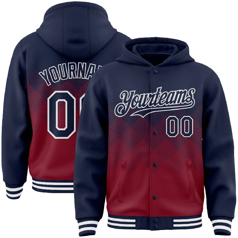 Trendy Unisex Streetwear Fashion Sophisticated Style Offers Custom Navy Crimson-White Gradient Square Shape 3D Pattern Design Bomber Full-Snap Varsity Letterman Hoodie Jacket