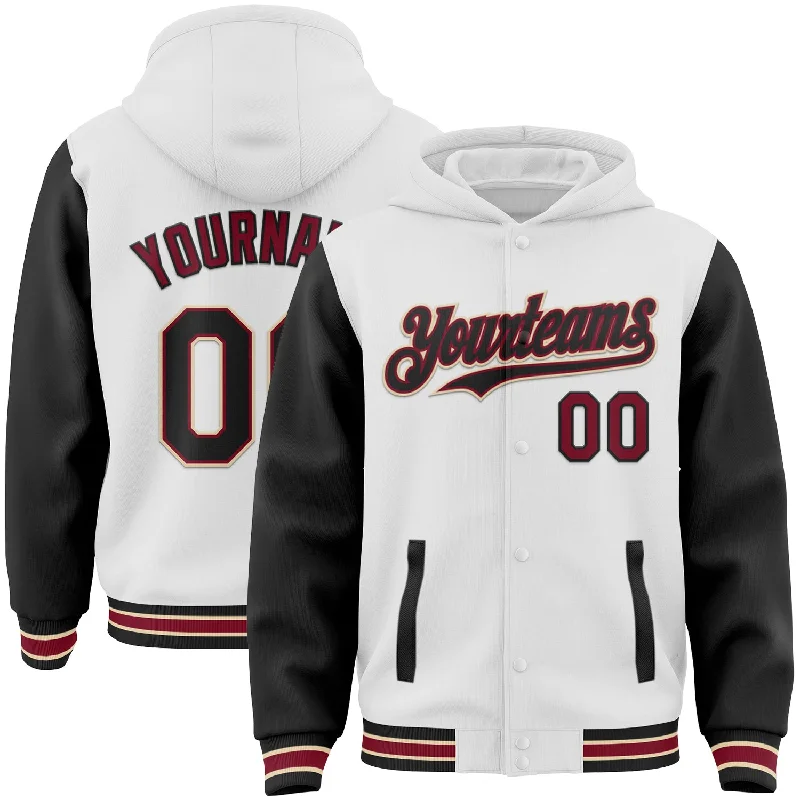 High-Quality Unisex Fashion Basics Gift Ideas Custom White Black Crimson-City Cream Bomber Full-Snap Varsity Letterman Two Tone Hoodie Jacket