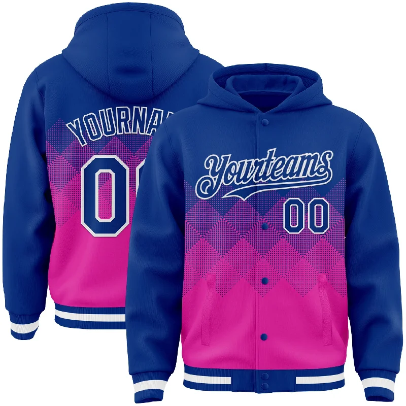 Unisex Casual Fashion Trends Bold Fashion Sales Custom Royal Deep Pink-White Gradient Square Shape 3D Pattern Design Bomber Full-Snap Varsity Letterman Hoodie Jacket