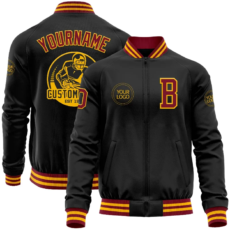 Comfortable Unisex Streetwear Laid-Back Fashion Offers Custom Black Crimson-Gold Bomber Varsity Letterman Zipper Jacket Comfortable Unisex Streetwear Laid-Back Fashion Offers Custom Black Crimson-Gold Bomber Varsity Letterman Zipper Jacket