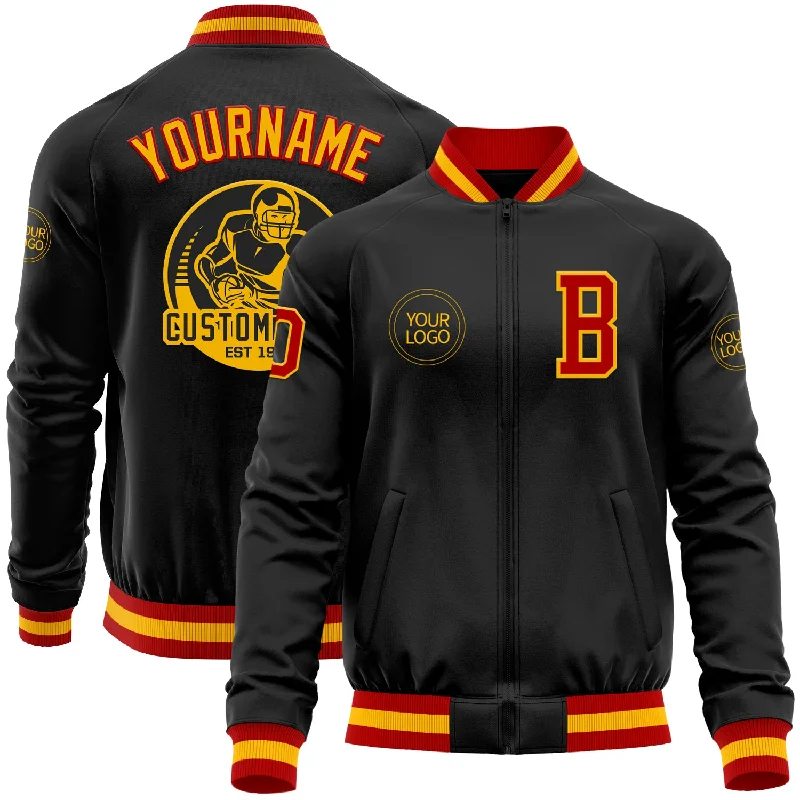 Fashion-Forward Gender-Neutral Outfit Ideas Modish Fashion Discounts Custom Black Red-Gold Bomber Varsity Letterman Zipper Jacket Fashion-Forward Gender-Neutral Outfit Ideas Modish Fashion Discounts Custom Black Red-Gold Bomber Varsity Letterman Zipper Jacket