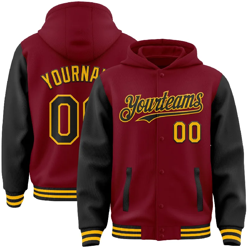 Fashion-Forward Gender-Neutral Outfit Ideas Hurry Before It'S Gone Custom Crimson Black-Gold Bomber Full-Snap Varsity Letterman Two Tone Hoodie Jacket Fashion-Forward Gender-Neutral Outfit Ideas Hurry Before It'S Gone Custom Crimson Black-Gold Bomber Full-Snap Varsity Letterman Two Tone Hoodie Jacket