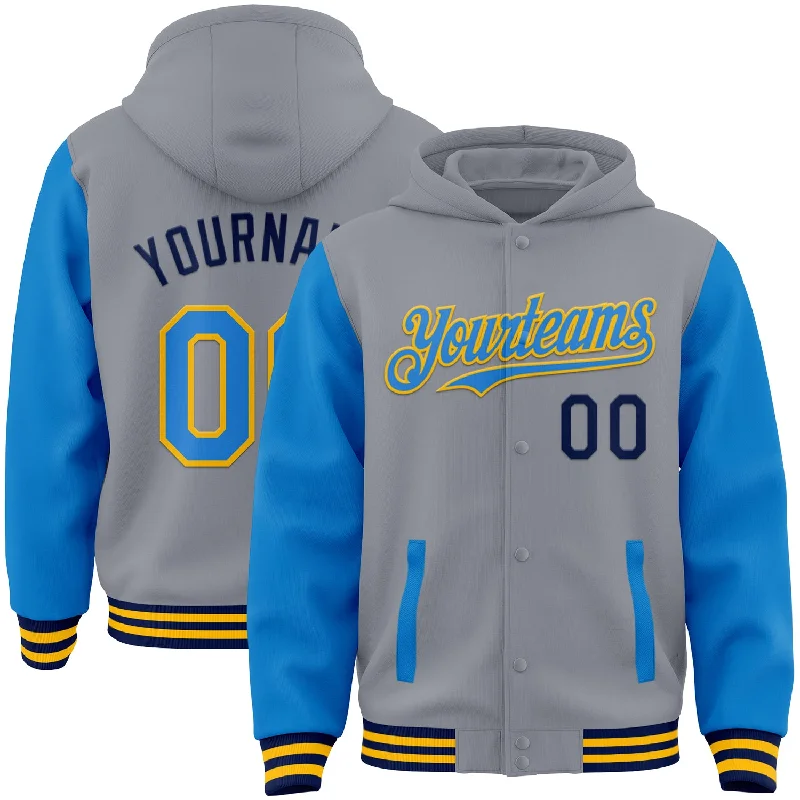 Sustainable And Ethical Unisex Clothing Unleash Your Trendy Side Custom Gray Powder Blue Gold-Navy Bomber Full-Snap Varsity Letterman Two Tone Hoodie Jacket