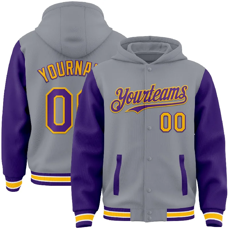 All-Season Unisex Clothing Collection Comfortable Chic Custom Gray Purple-Gold Bomber Full-Snap Varsity Letterman Two Tone Hoodie Jacket