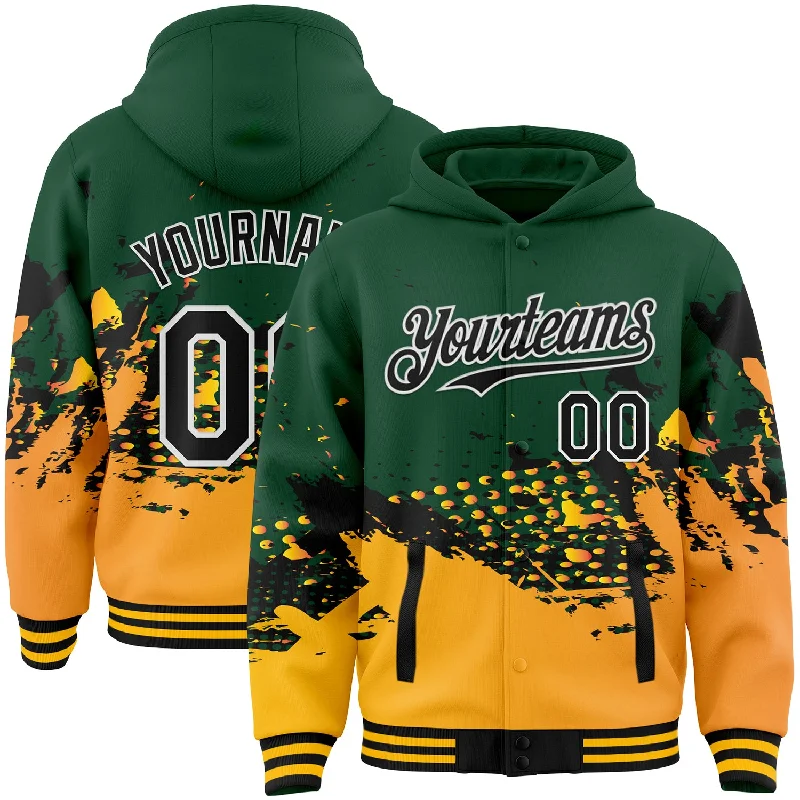 Chic And Casual Unisex Fashion Trends Flash Sale Starts Custom Green Black-Gold Abstract Splash Grunge Art 3D Pattern Design Bomber Full-Snap Varsity Letterman Hoodie Jacket