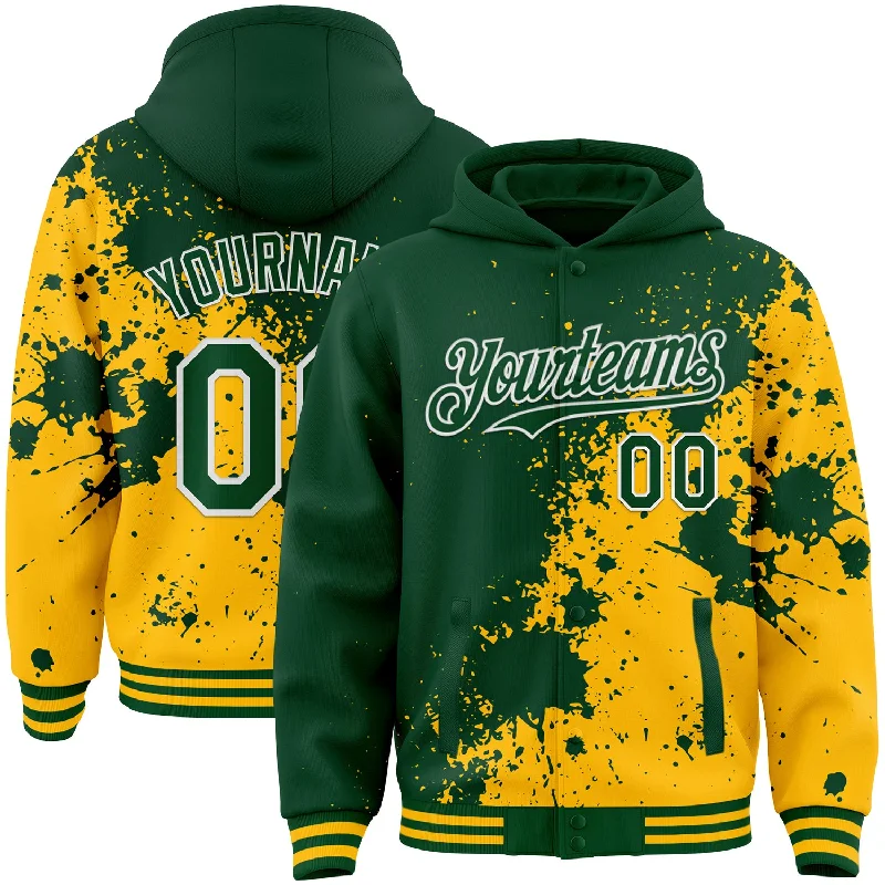 Trendy Unisex Insane Discount Onslaught Custom Green Gold-White Abstract Splash Grunge Art 3D Pattern Design Bomber Full-Snap Varsity Letterman Hoodie Jacket
