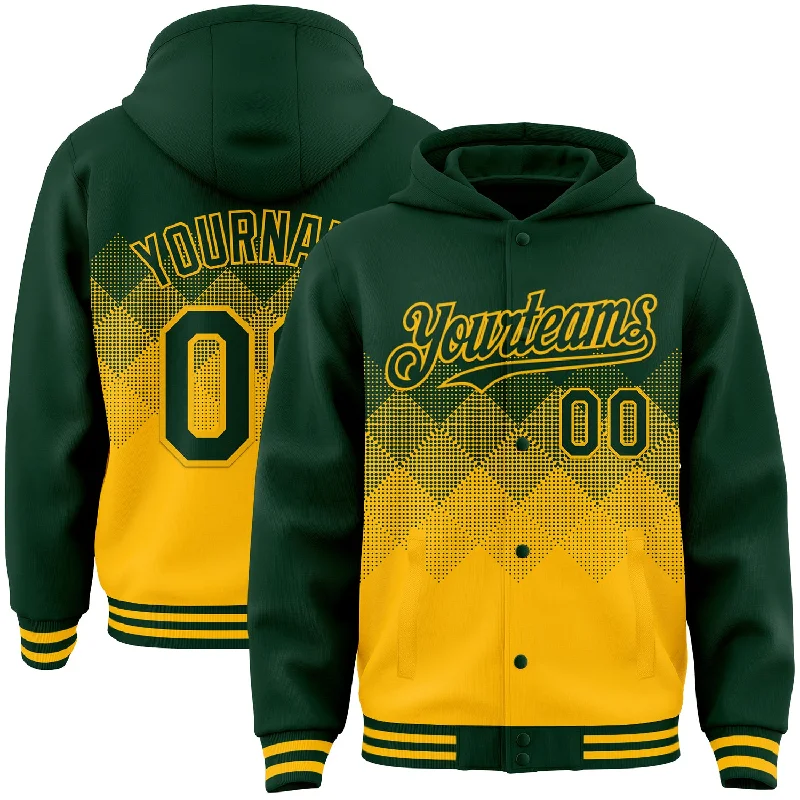 Sleek And Stylish Unisex Outerwear Stylish Deals Custom Green Gold Gradient Square Shape 3D Pattern Design Bomber Full-Snap Varsity Letterman Hoodie Jacket