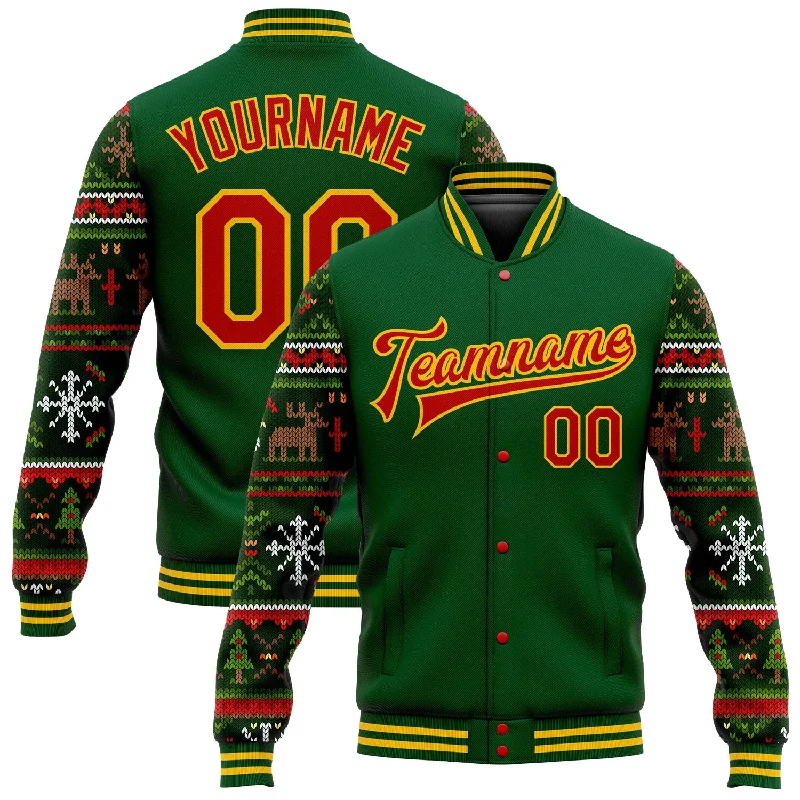 Versatile Clothing For All Genders Timeless Elegance Redefined Custom Green Red-Gold Christmas 3D Bomber Full-Snap Varsity Letterman Jacket