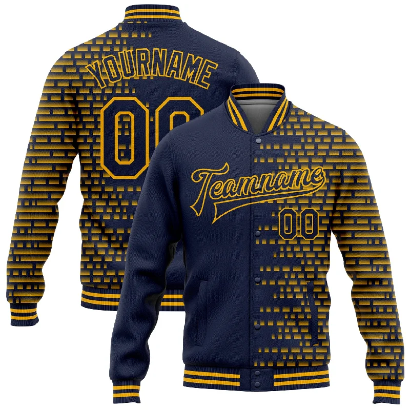 Fashion-Forward Unisex Apparel Step Ahead, Lead The Trend Custom Navy Gold Halftone 3D Pattern Design Bomber Full-Snap Varsity Letterman Jacket