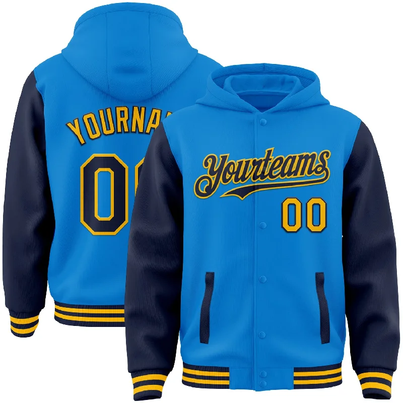 Sustainable Gender-Neutral Apparel Ride The Style Wave Custom Powder Blue Navy-Gold Bomber Full-Snap Varsity Letterman Two Tone Hoodie Jacket