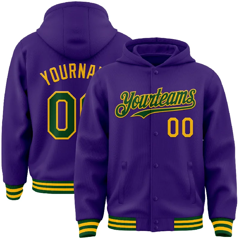 Chic And Casual Unisex Fashion Trends Premium Fashion Custom Purple Green-Gold Bomber Full-Snap Varsity Letterman Hoodie Jacket