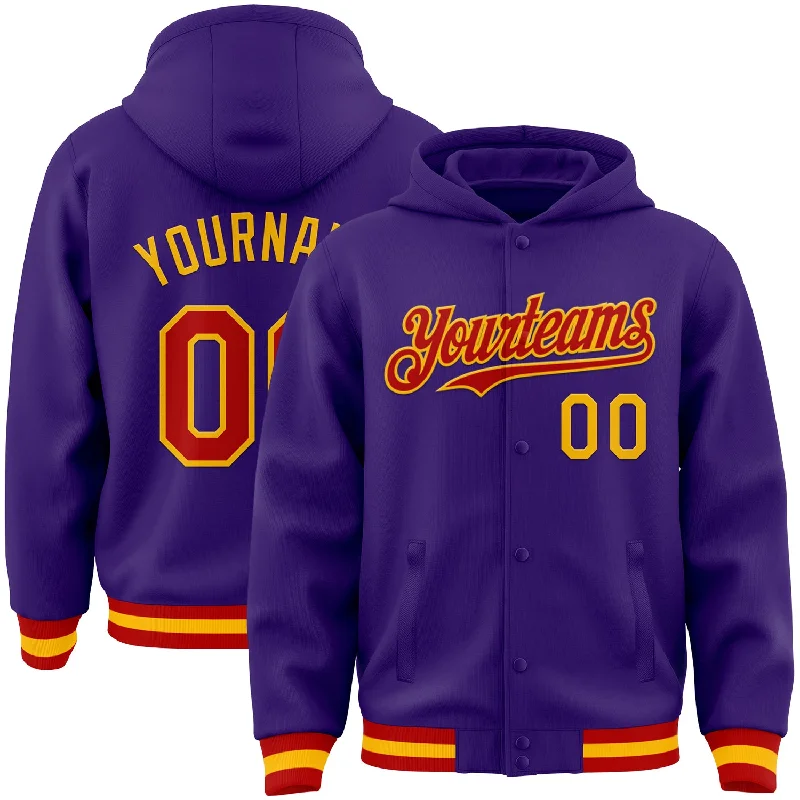 Modern Unisex Wardrobe Staples Holiday Glam Custom Purple Red-Gold Bomber Full-Snap Varsity Letterman Hoodie Jacket