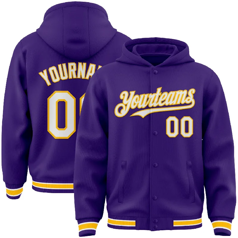 Modern Unisex Clothing For Any Occasion Limited Styles Custom Purple White-Gold Bomber Full-Snap Varsity Letterman Hoodie Jacket
