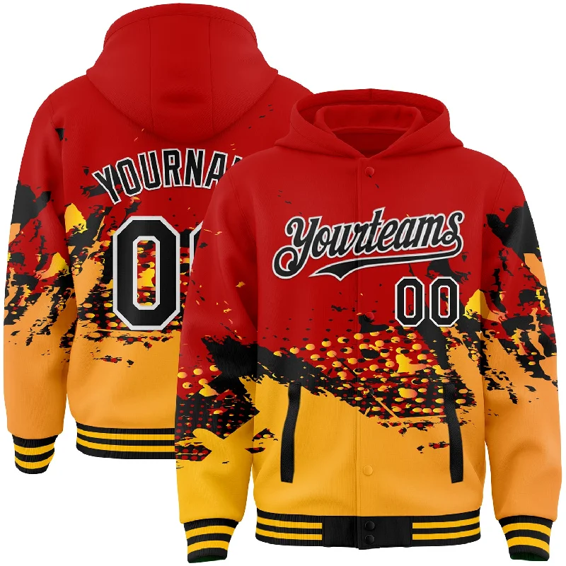 Casual Yet Sophisticated Unisex Fashion Explore What'S New Custom Red Black-Gold Abstract Splash Grunge Art 3D Pattern Design Bomber Full-Snap Varsity Letterman Hoodie Jacket