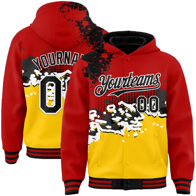 Gender-Neutral Trendy Clothing Styles New Arrivals Custom Red Black-Gold Abstract Splash Grunge Art 3D Pattern Design Bomber Full-Snap Varsity Letterman Hoodie Jacket