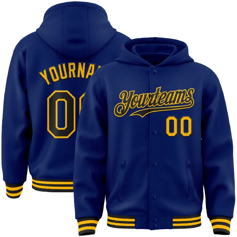 Trendy Unisex High-End Style Discounts Custom Royal Black-Gold Bomber Full-Snap Varsity Letterman Hoodie Jacket