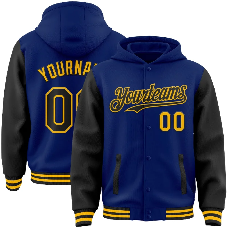 Relaxed-Fit Unisex Clothing Options Discover Now Custom Royal Black-Gold Bomber Full-Snap Varsity Letterman Two Tone Hoodie Jacket