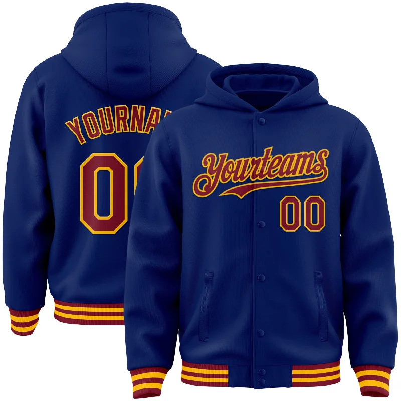 Breathable And Lightweight Unisex Wear Fashion Sale Custom Royal Crimson-Gold Bomber Full-Snap Varsity Letterman Hoodie Jacket