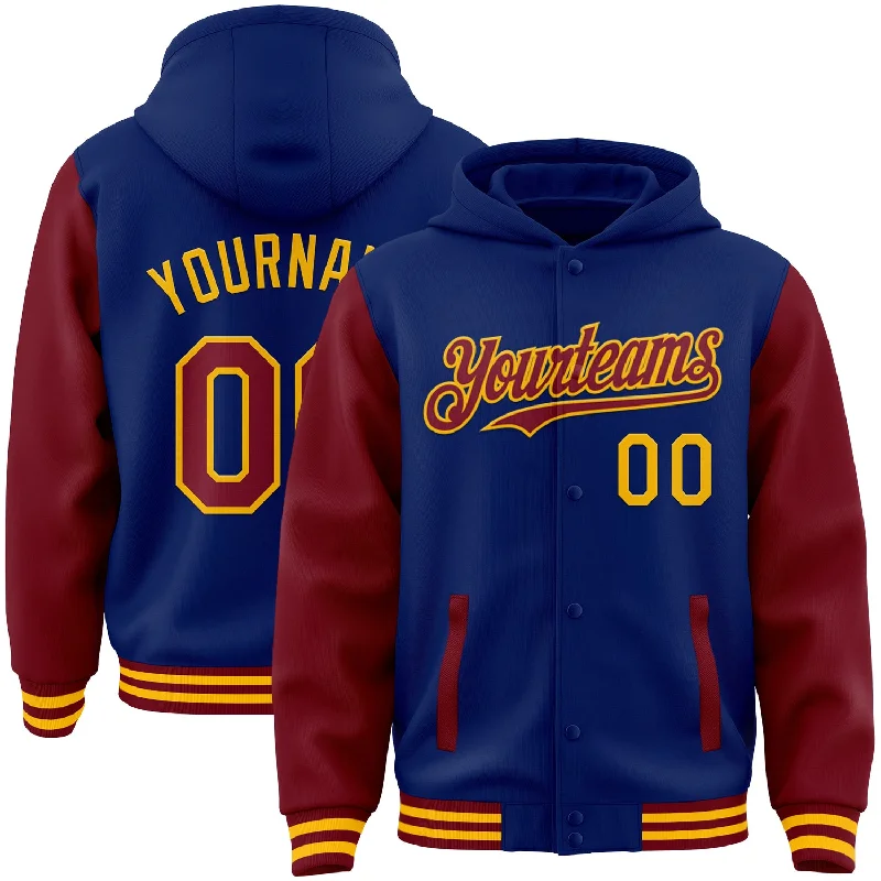 Versatile Gender-Free Wardrobe Essentials Flash Sale Custom Royal Crimson-Gold Bomber Full-Snap Varsity Letterman Two Tone Hoodie Jacket