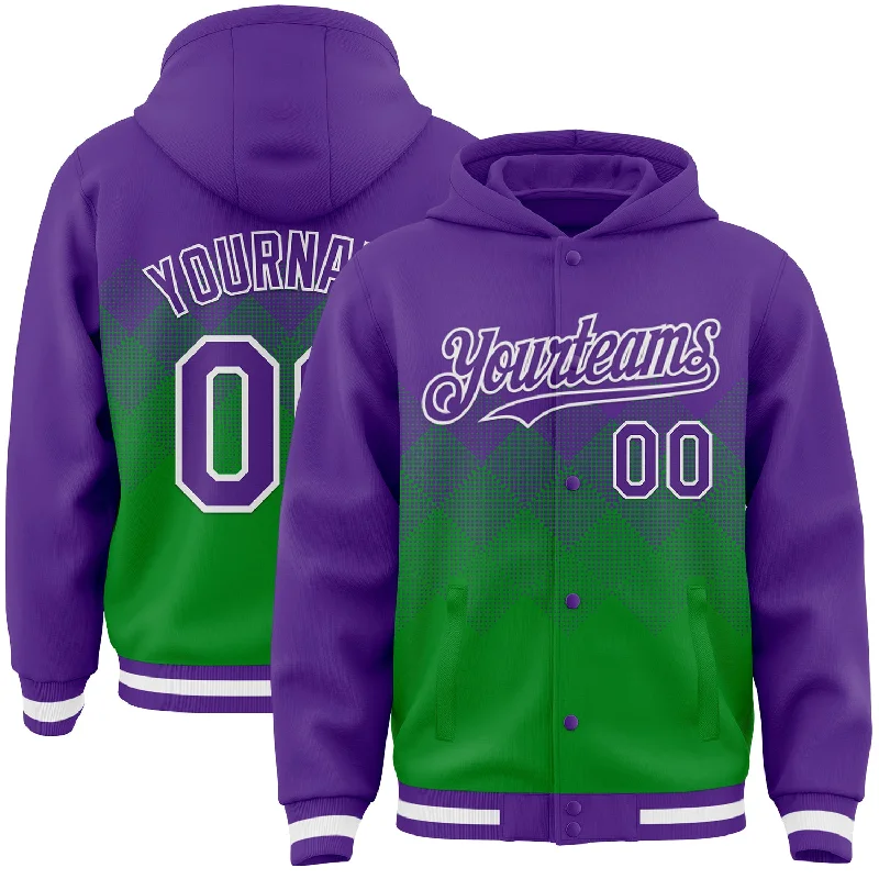 Comfortable Unisex Streetwear Save Big Custom Purple Grass Green-White Gradient Square Shape 3D Pattern Design Bomber Full-Snap Varsity Letterman Hoodie Jacket