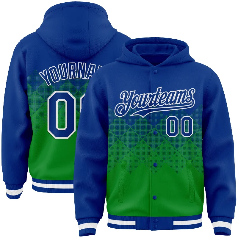 Functional And Stylish Unisex Wear High-End Style Discounts Custom Royal Grass Green-White Gradient Square Shape 3D Pattern Design Bomber Full-Snap Varsity Letterman Hoodie Jacket