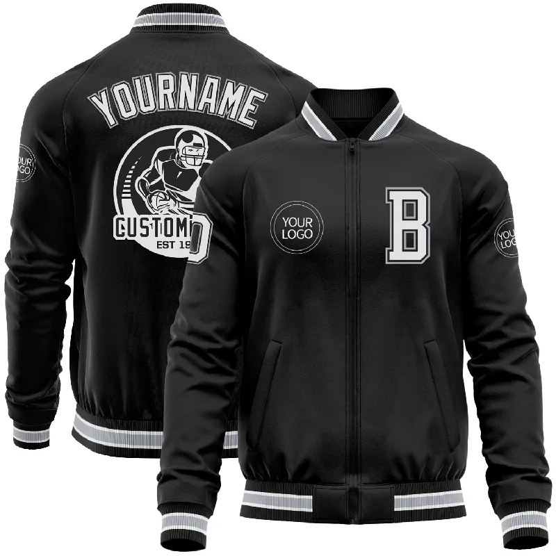 High-Quality Unisex Basics For All Occasions Daring Fashion Promotions Custom Black White-Gray Bomber Varsity Letterman Zipper Jacket High-Quality Unisex Basics For All Occasions Daring Fashion Promotions Custom Black White-Gray Bomber Varsity Letterman Zipper Jacket