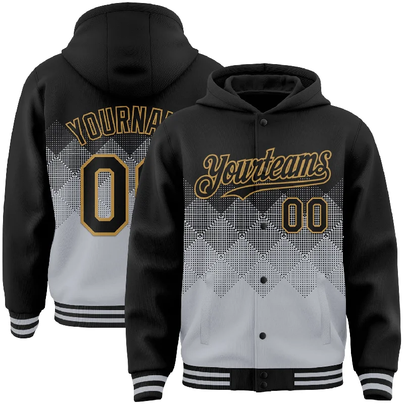 Minimalist Unisex Wardrobe Must-Haves Hot Brand Discounts Custom Black Gray-Old Gold Gradient Square Shape 3D Pattern Design Bomber Full-Snap Varsity Letterman Hoodie Jacket