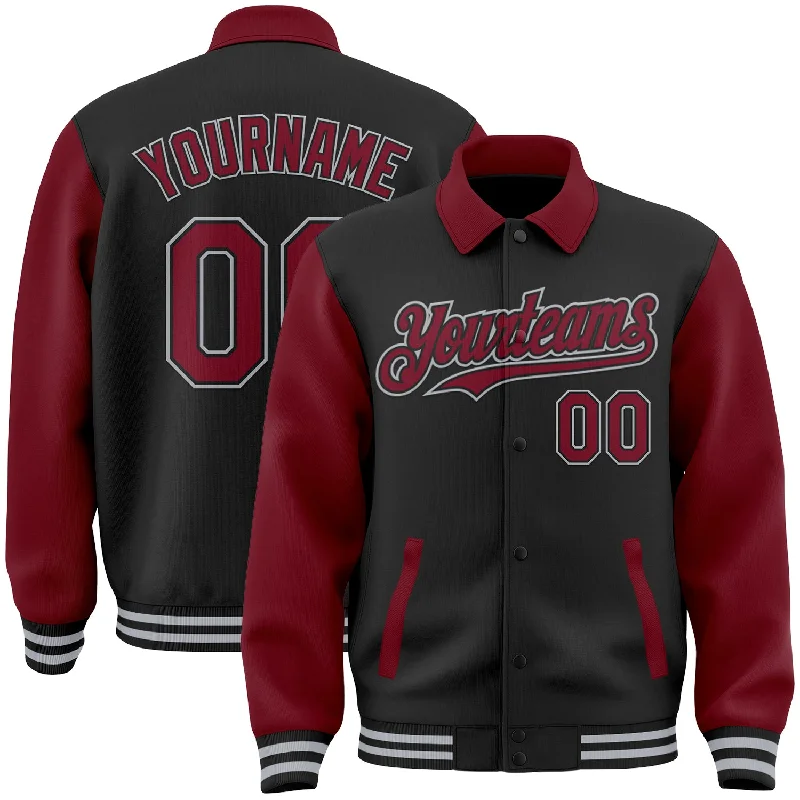 High-Quality Unisex Basics For Everyday Wear Fashion-Forward Offers Custom Black Crimson-Gray Bomber Full-Snap Varsity Letterman Two Tone Lapel Collar Byron Jacket High-Quality Unisex Basics For Everyday Wear Fashion-Forward Offers Custom Black Crimson-Gray Bomber Full-Snap Varsity Letterman Two Tone Lapel Collar Byron Jacket