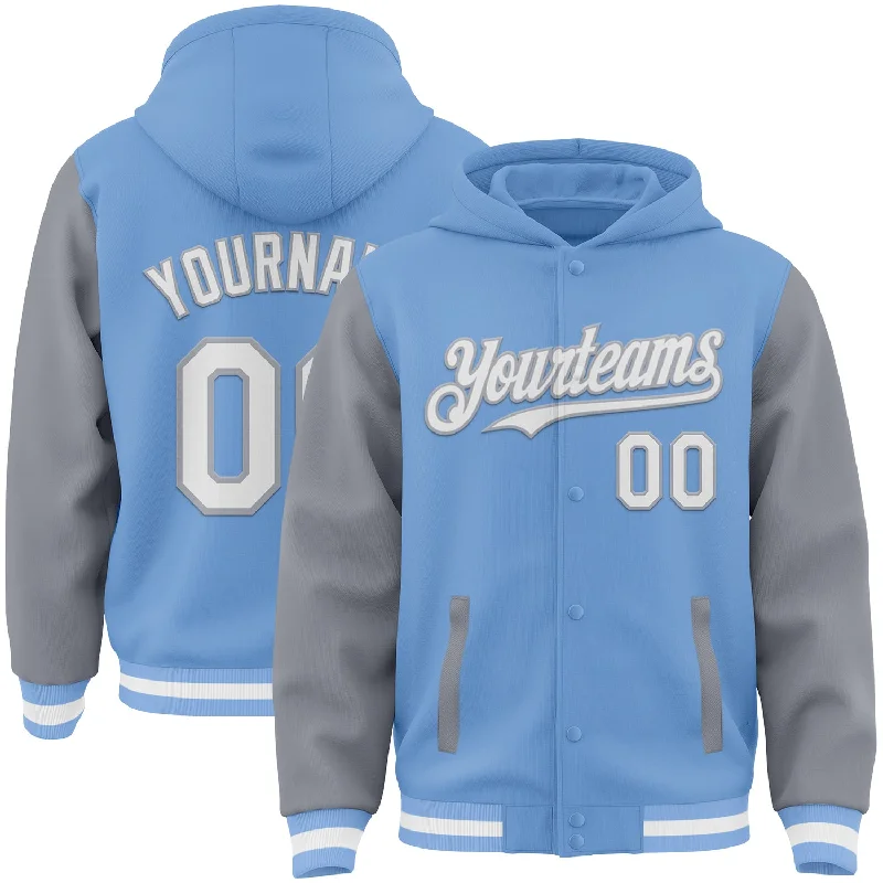 Elegant And Minimal Gender-Free Clothing Summer Deals Custom Light Blue White-Gray Bomber Full-Snap Varsity Letterman Two Tone Hoodie Jacket