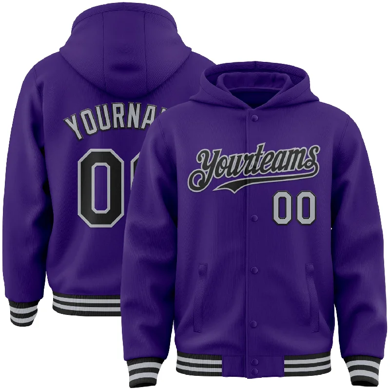 Fashion-Forward Gender-Neutral Outerwear Fresh Fashion Discounts Custom Purple Black-Gray Bomber Full-Snap Varsity Letterman Hoodie Jacket