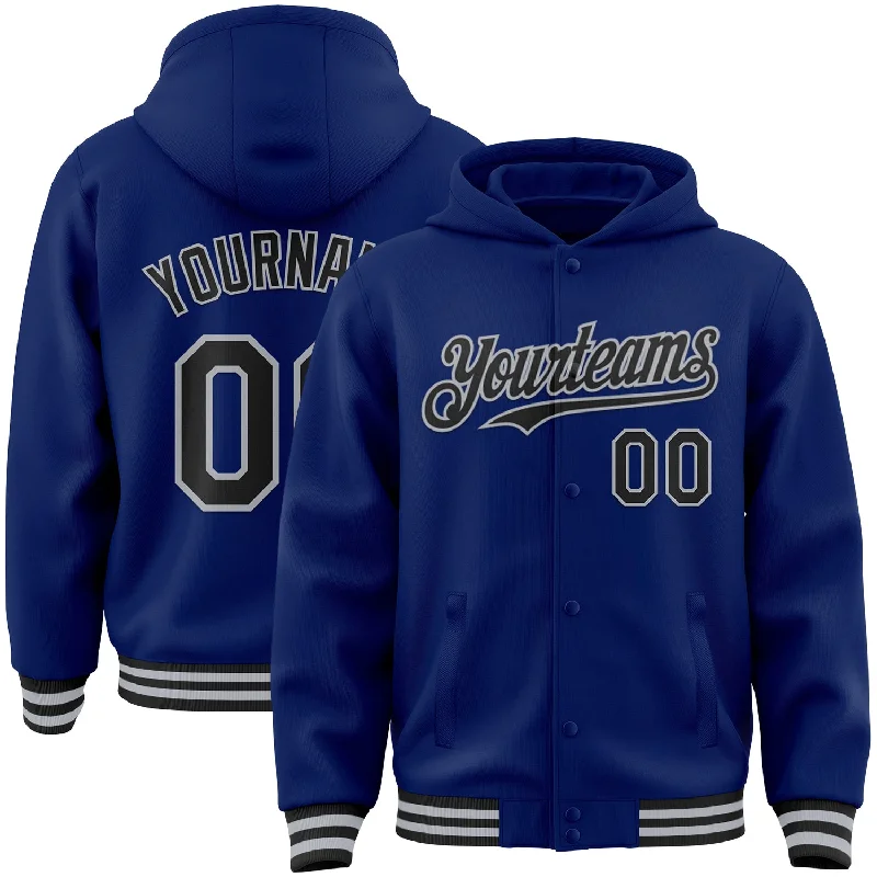 Versatile Unisex Layering Pieces Smart Casual Deals Custom Royal Black-Gray Bomber Full-Snap Varsity Letterman Hoodie Jacket