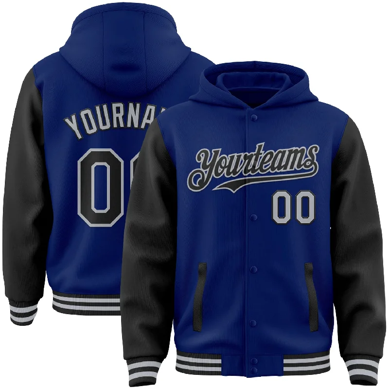 Oversized Unisex Fashion Pieces Don't Miss Out Custom Royal Black-Gray Bomber Full-Snap Varsity Letterman Two Tone Hoodie Jacket