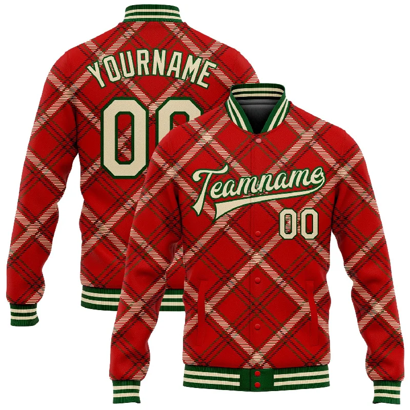 Minimalist Unisex Wardrobe Must-Haves Limited-Time Offer Custom Red Cream-Green Check Board 3D Pattern Design Bomber Full-Snap Varsity Letterman Jacket