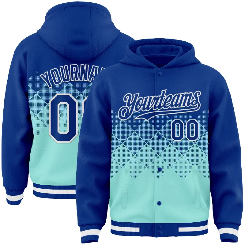 Bold And Trendy Gender-Neutral Outfits Fashionista Sale Custom Royal Ice Blue-White Gradient Square Shape 3D Pattern Design Bomber Full-Snap Varsity Letterman Hoodie Jacket