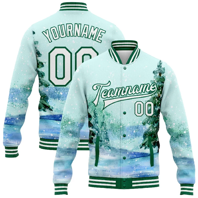 Oversized Unisex Apparel For Effortless Style Must-Have Style Discounts Custom Aqua White-Kelly Green Watercolor Winter Landscape With Snowy Trees 3D Pattern Design Bomber Full-Snap Varsity Letterman Jacket