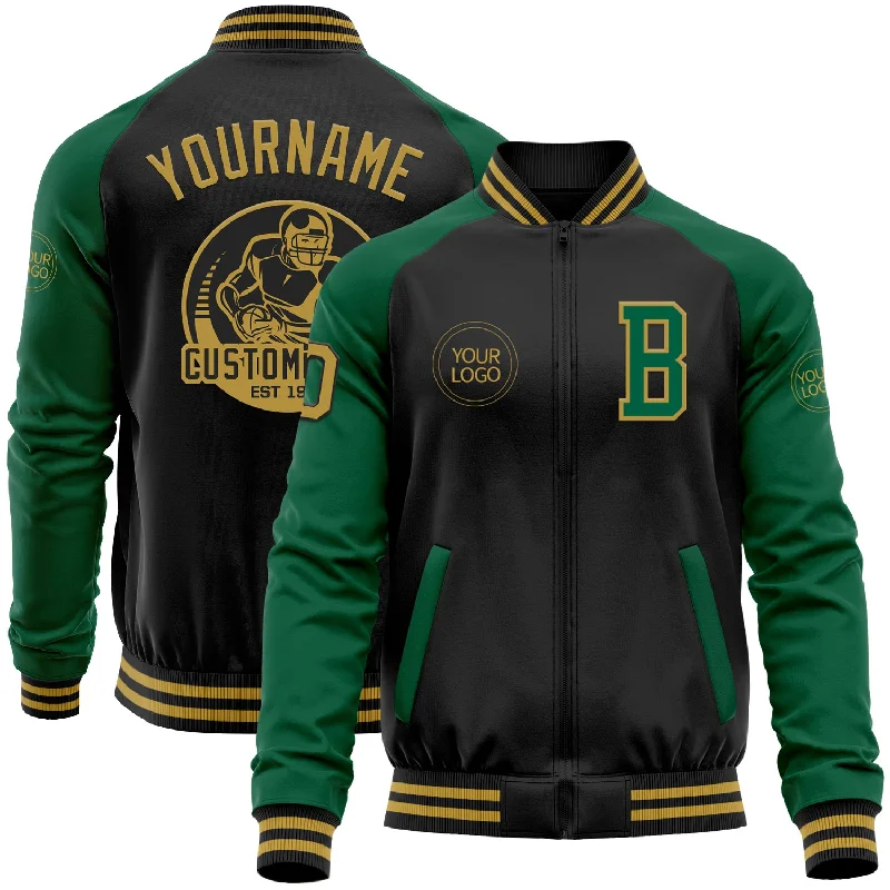 Oversized Unisex Fashion Pieces Valentine's Special Custom Black Old Gold-Kelly Green Bomber Varsity Letterman Two Tone Zipper Jacket
